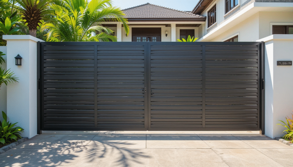 modern sliding iron gate with rollers and tracks at the entrance of a goan home