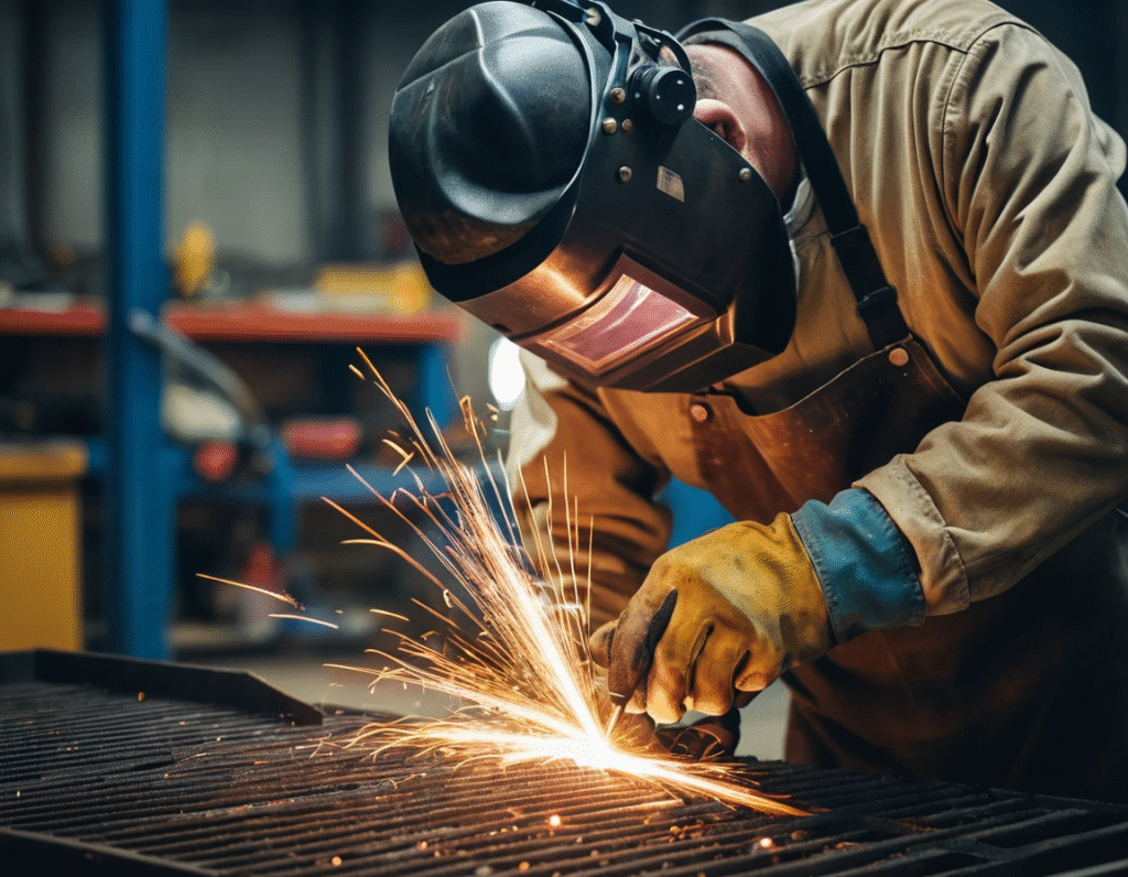 Grill & Gate Fabrication Services in Goa | PRIME TECH GOA close up of a skilled professional fabricator welding prime tech goa